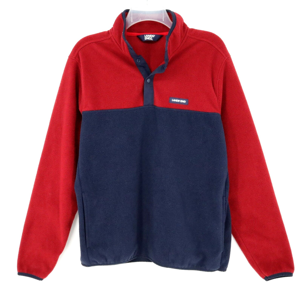 Lands End Mens Medium Pullover Jacket Red Blue Fleece Henley Mock Neck Snaps